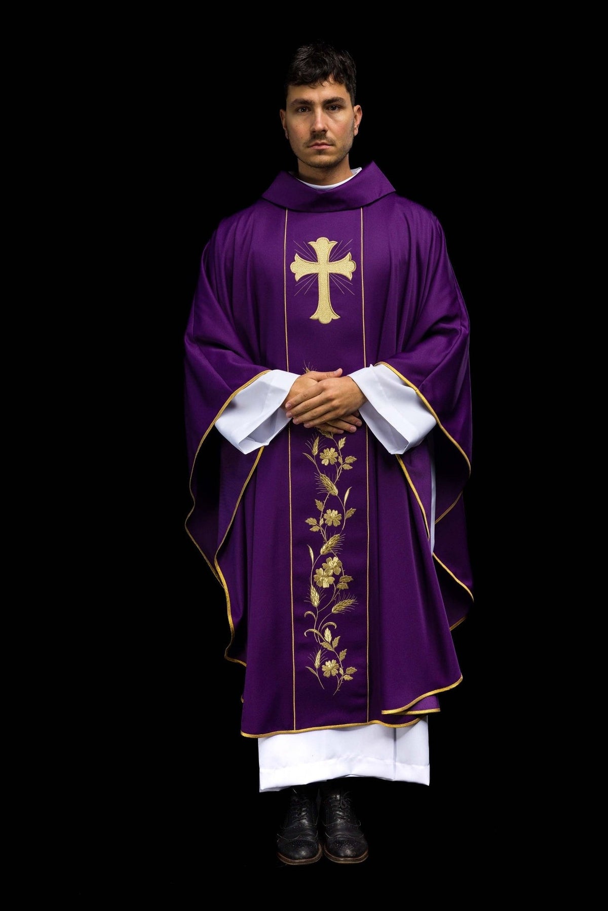Purple chasuble front view with gold cross, wheat embroidery and trim