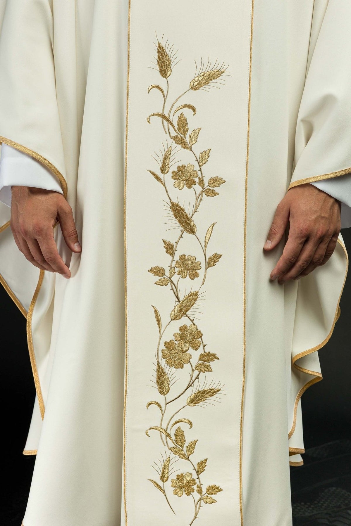 Ecru chasuble close-up of embroidered gold wheat and floral motifs