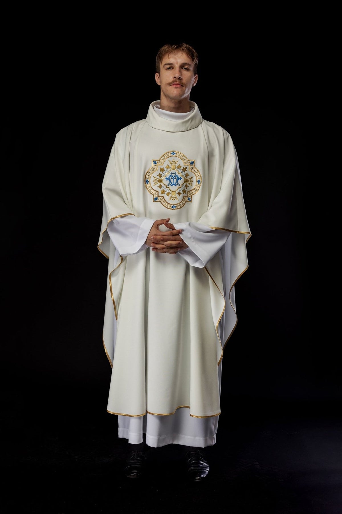Marian chasuble, worn front view with inner stole and gold trim