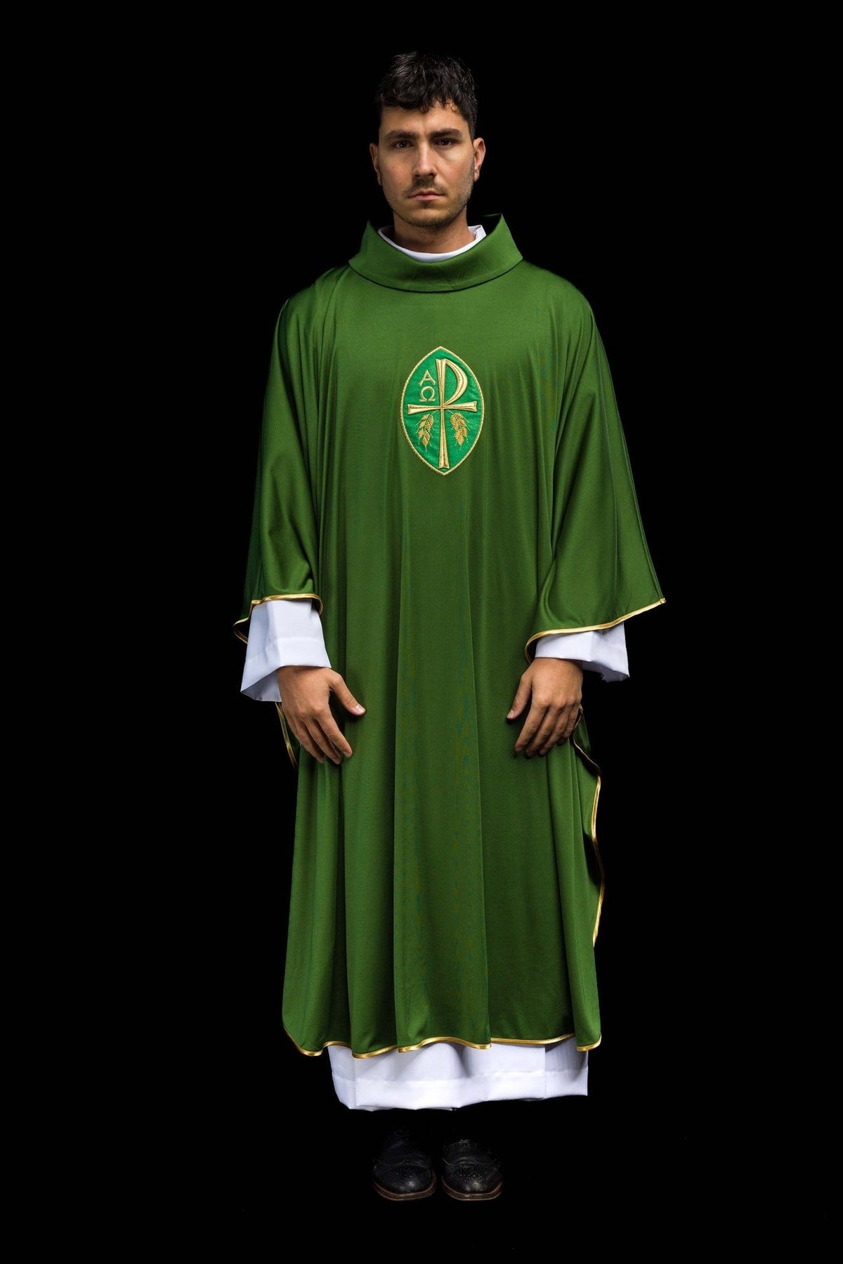 Green chasuble front view with gold embroidered cross emblem and stand-up collar