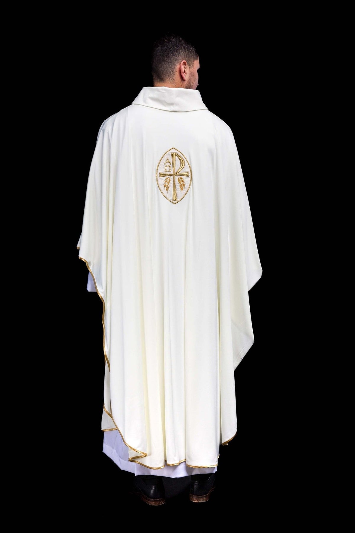 Ecru cross chasuble, full back view with gold trim