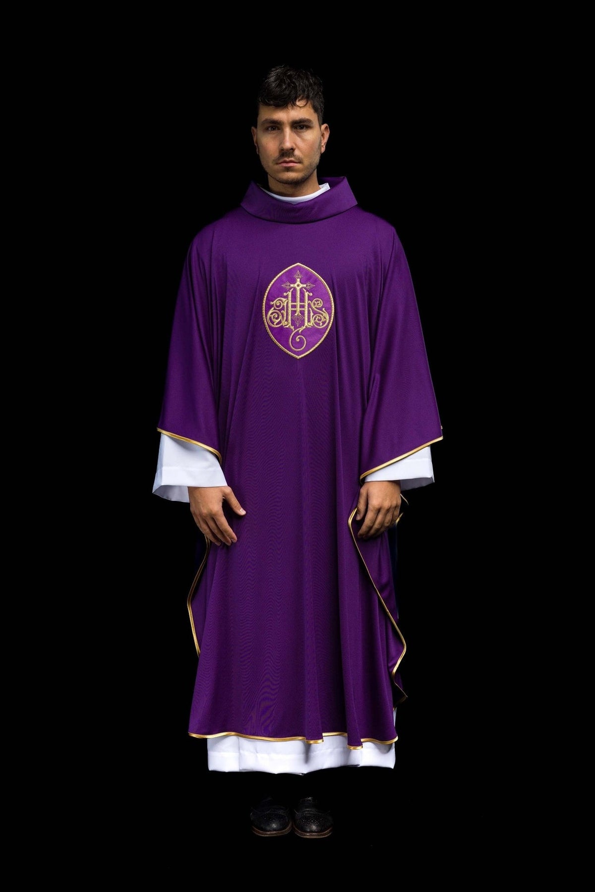 Purple chasuble full front view with gold IHS embroidery and trim