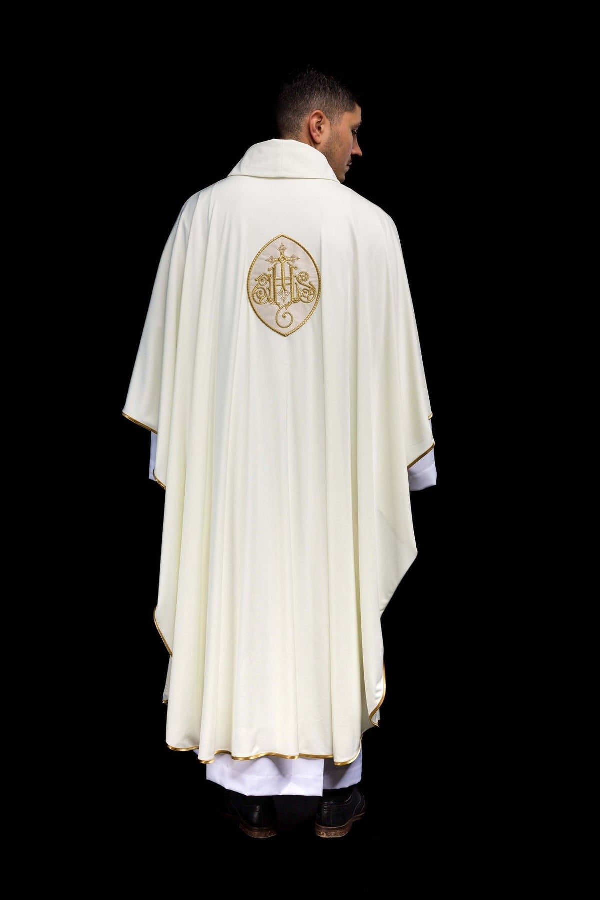 SACROLITE knit chasuble, full back view with gold trim and IHS embroidery