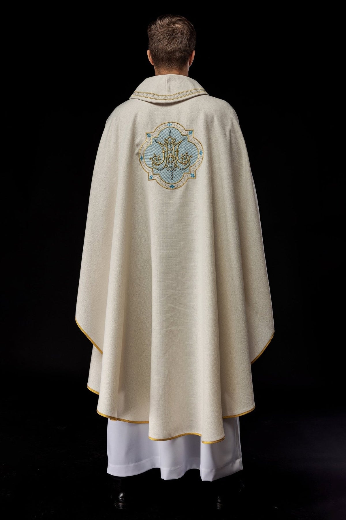 Ecru Marian chasuble, full back view with embroidered Marian motif