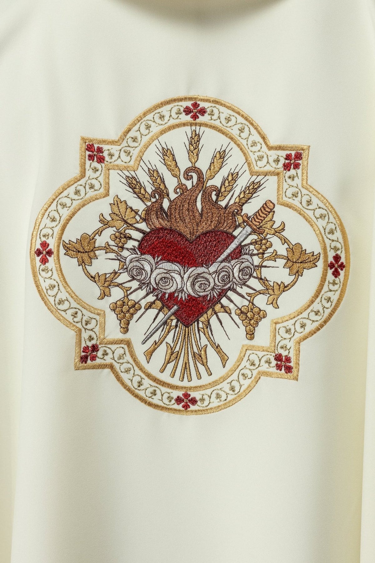 Ecru chasuble Heart of Mary embroidery close-up with red, gold and white details
