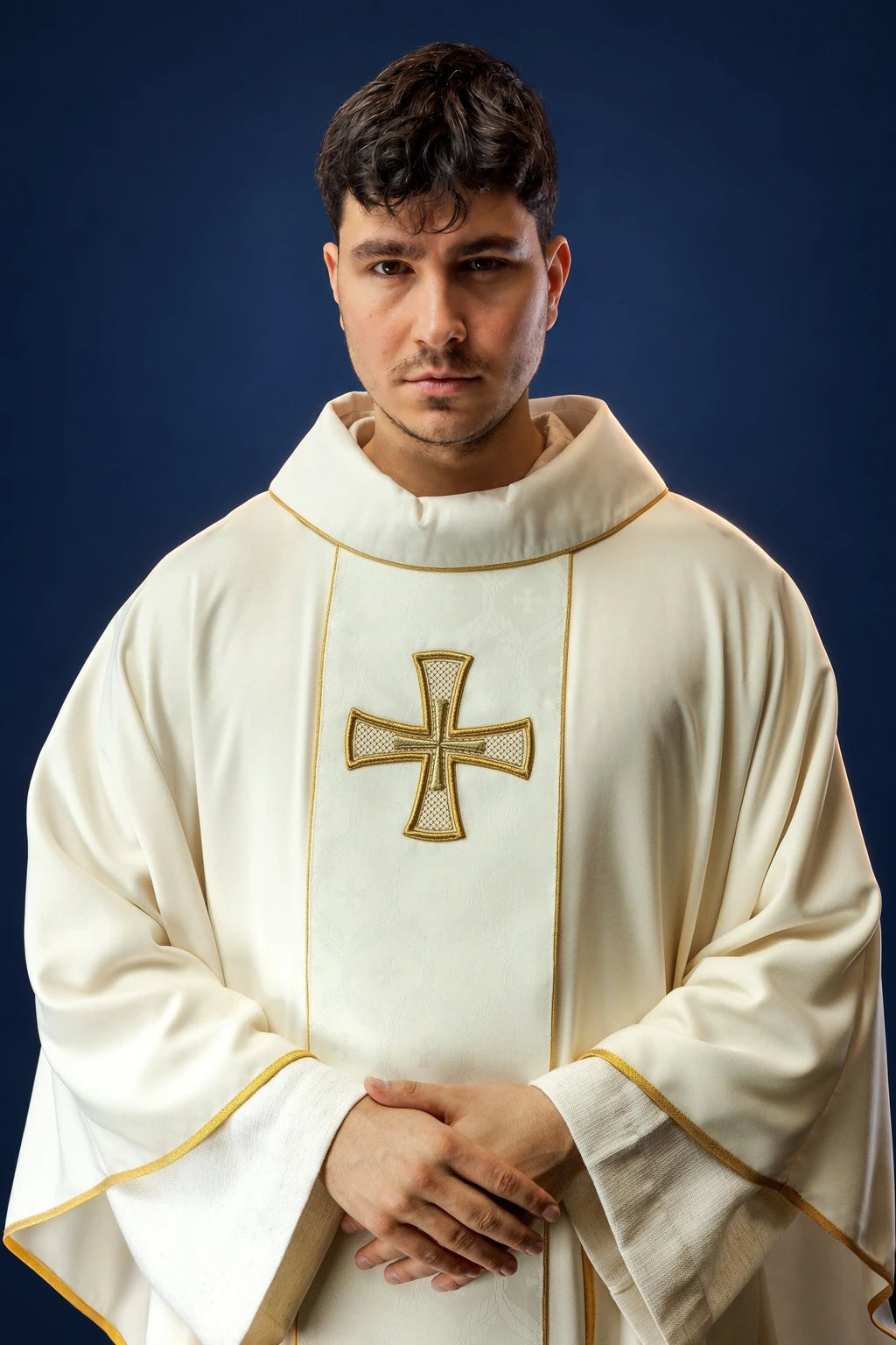 Embroidered Catholic Chasuble with Orphrey and Cross, front view in ivory with gold trim