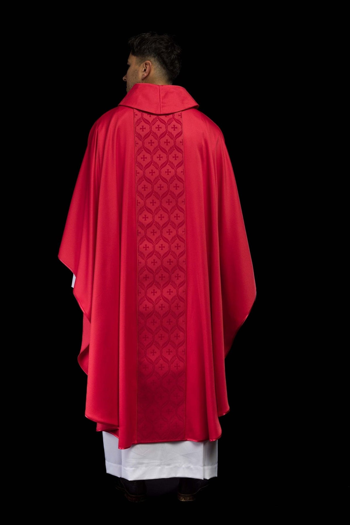 Red chasuble full back view with patterned orphrey
