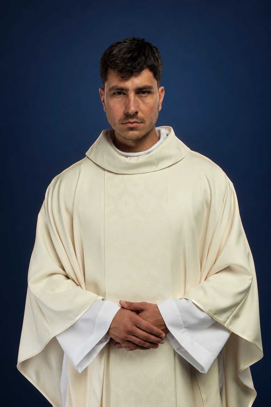 Ecru Chasuble with Jacquard Orphrey Featuring Crosses, front view with stand-up collar