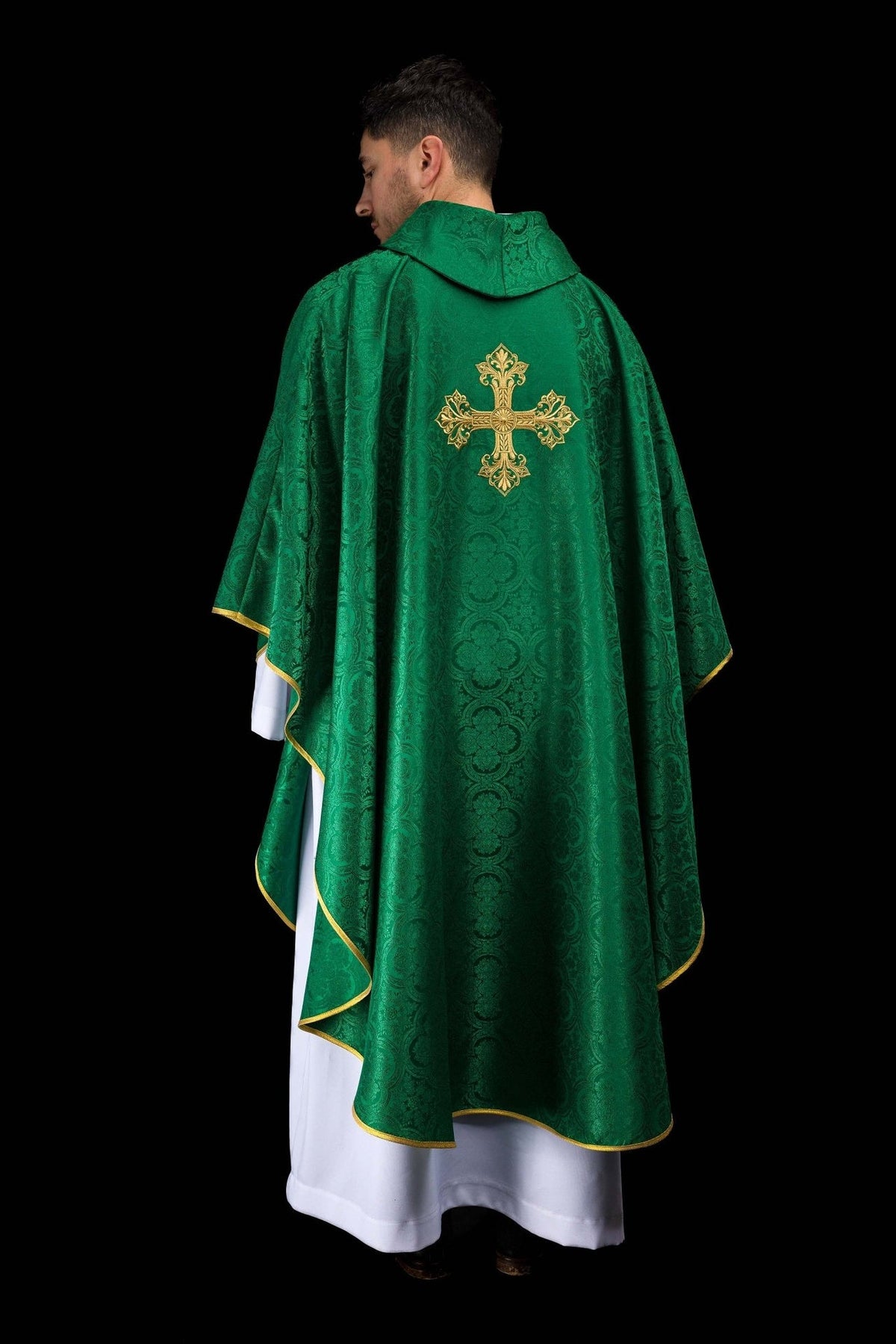 Green chasuble back view with embroidered gold cross and stand-up collar