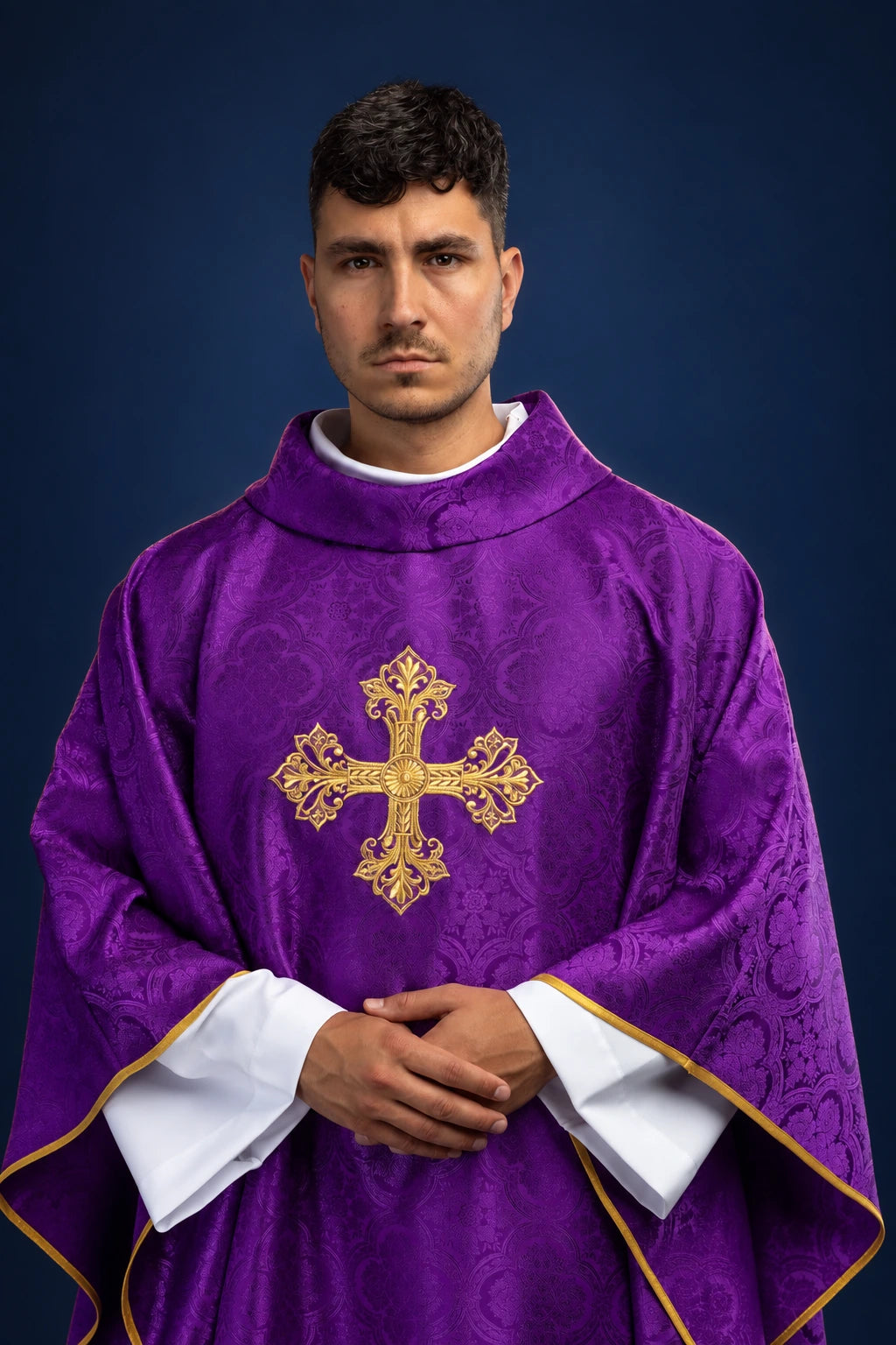 Purple Chasuble with Gold Cross Embroidery worn front view, showing purple patterned fabric and gold trim