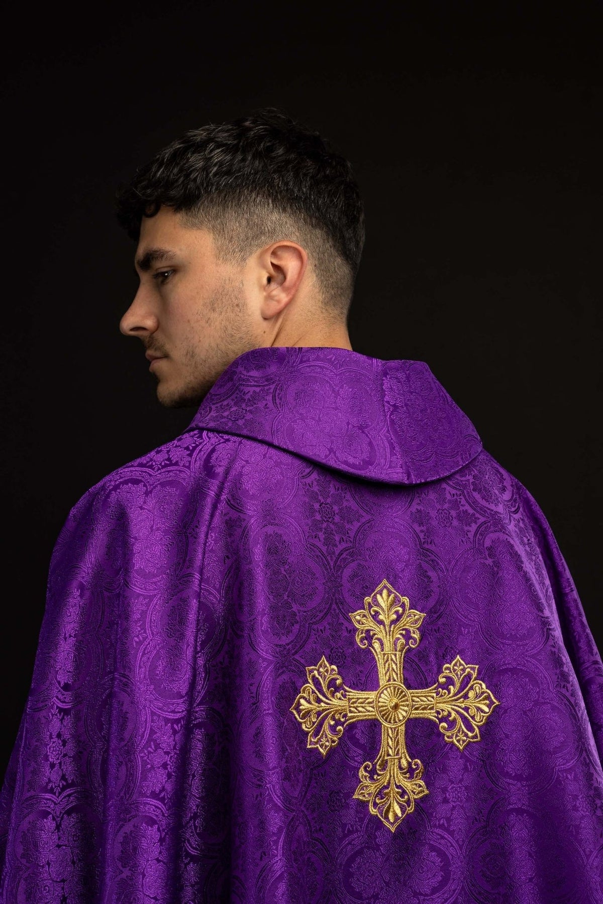 Purple chasuble full back view with gold cross embroidery and gold trim
