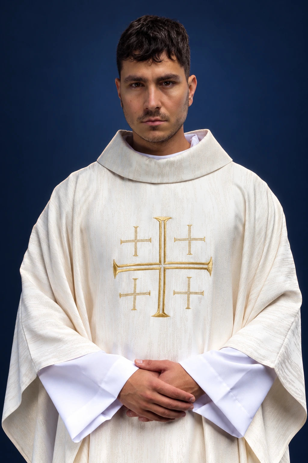 Embroidered Chasuble with Jerusalem Cross, Ecru, front view with gold embroidery and stand-up collar
