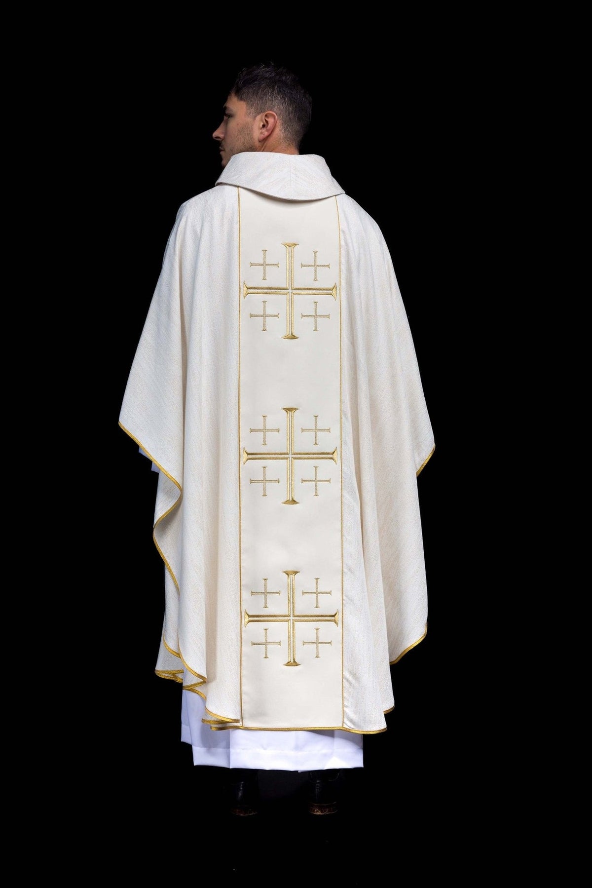 Ecru chasuble back view with three gold Jerusalem cross motifs