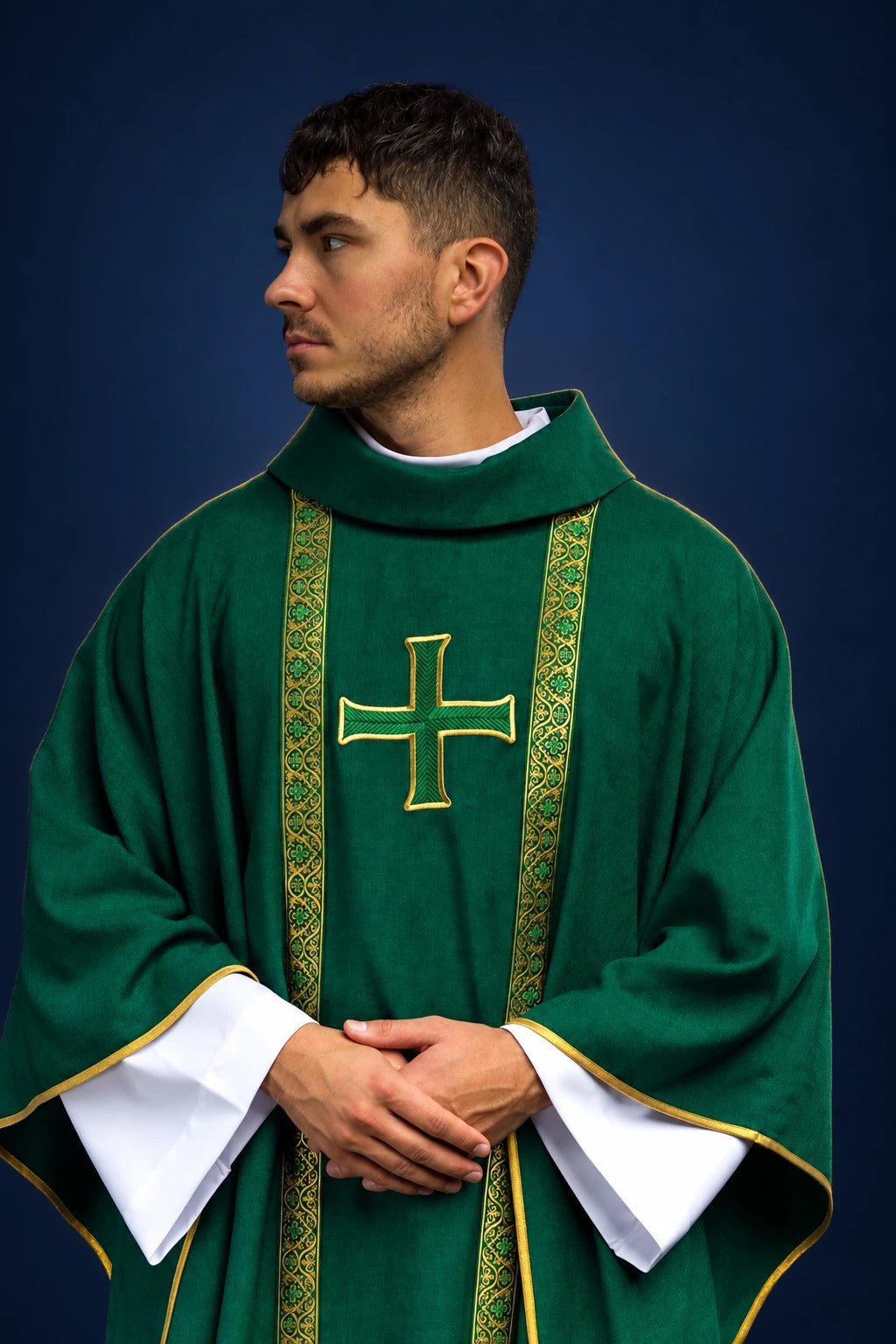 Green Liturgical Chasuble with Embroidered Cross and Jacquard Orphreys, front view worn
