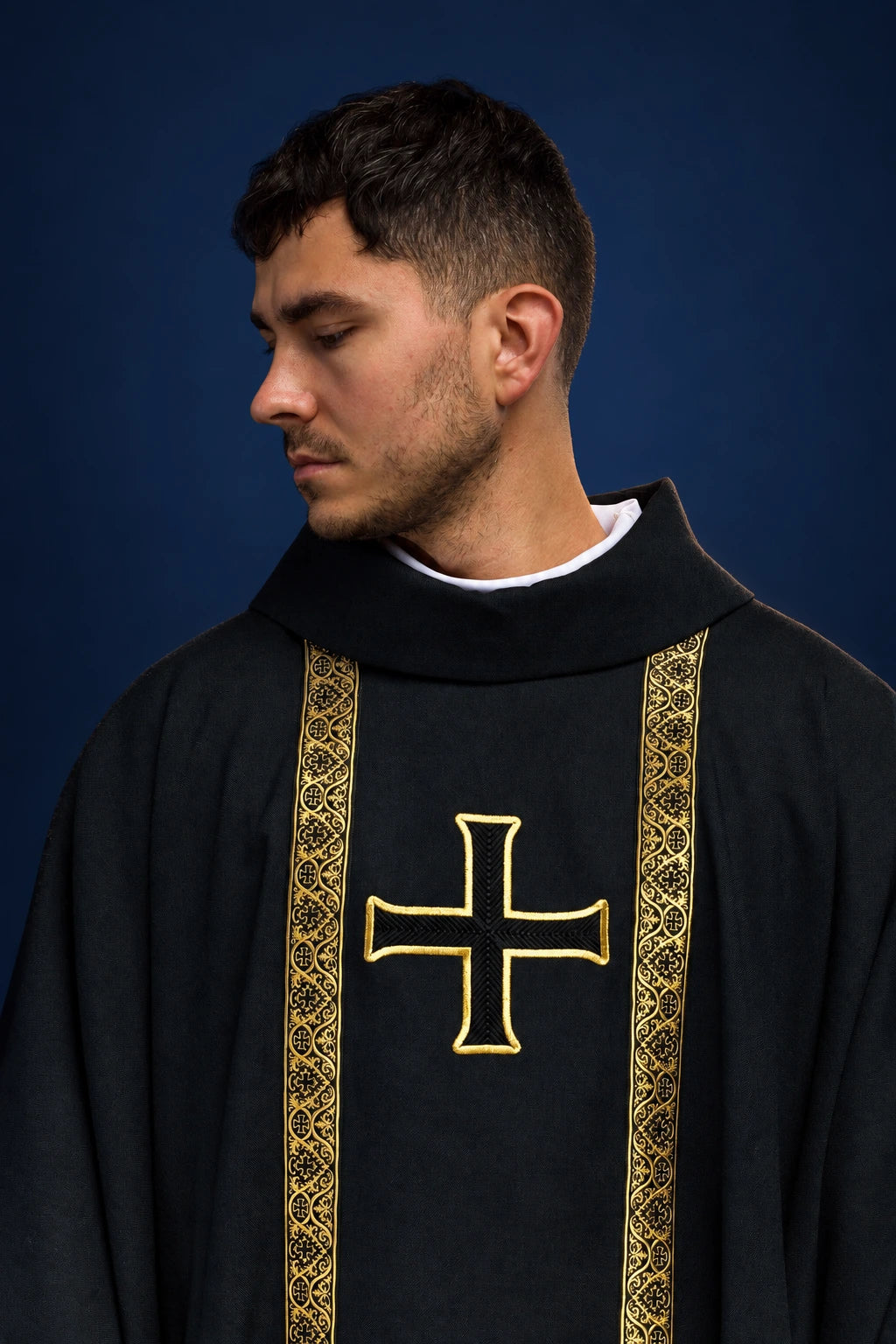 Black Liturgical Chasuble with Embroidered Cross and Jacquard Orphreys, front view
