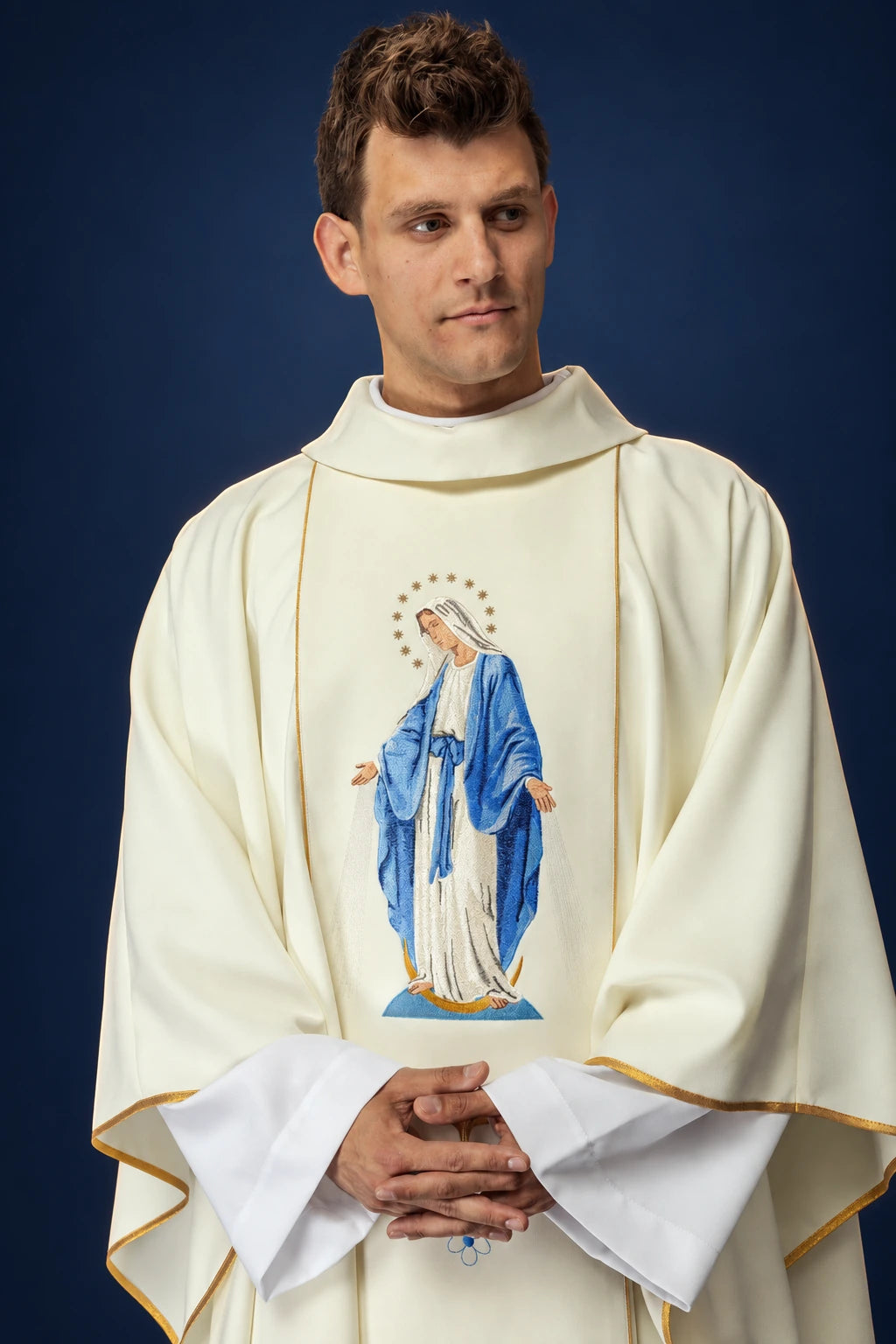 Catholic Chasuble Featuring Our Lady of the Immaculate Conception, front view in ivory with blue embroidered Our Lady