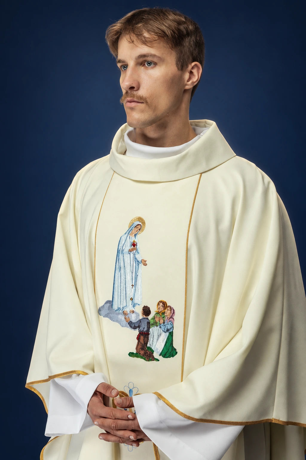 Embroidered Chasuble with an Image of Our Lady of Fatima, front view with gold trim