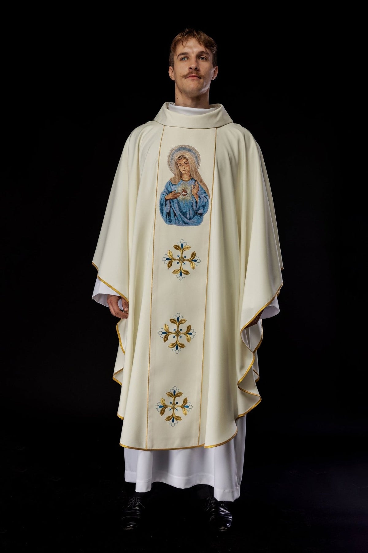 Heart of Mary chasuble, full front view with gold floral embroidery