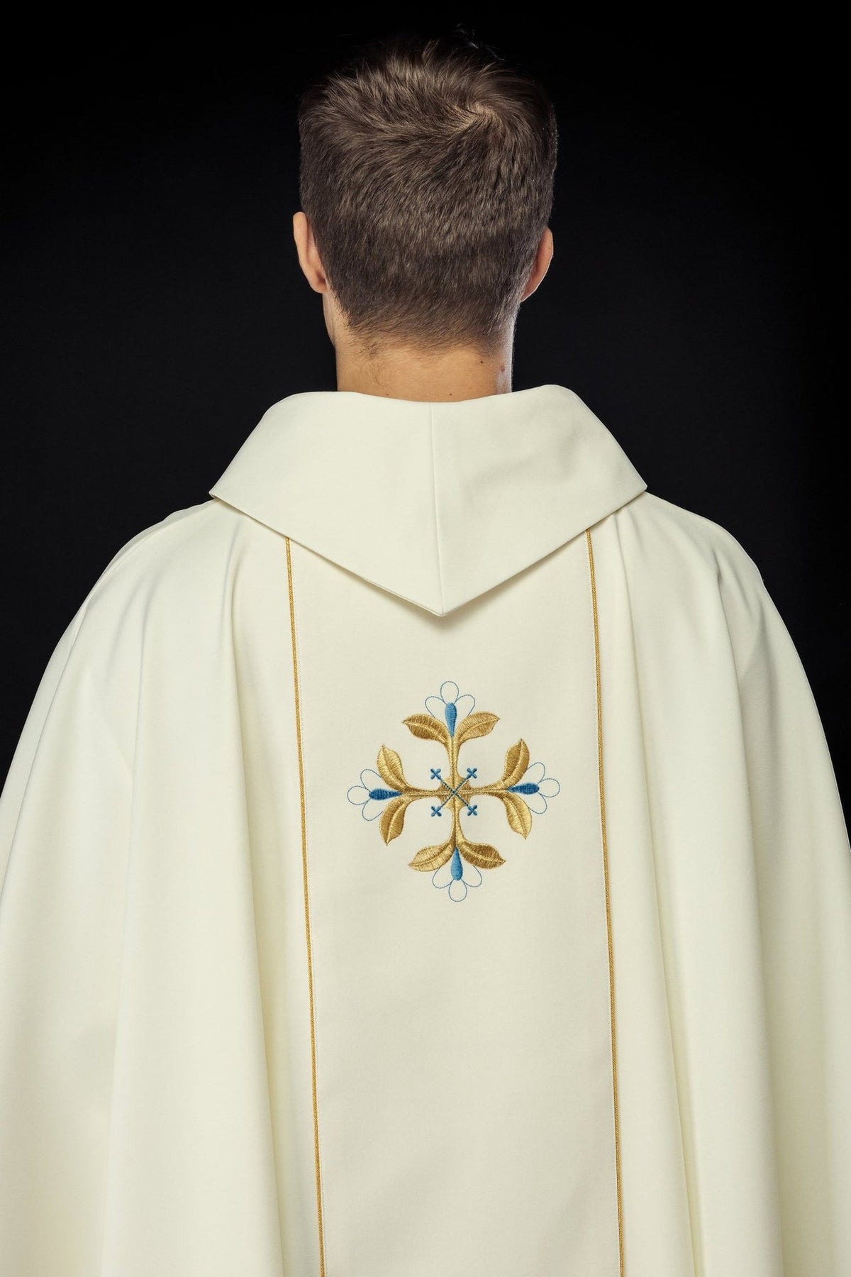 Heart of Mary chasuble back view with embroidered floral motifs