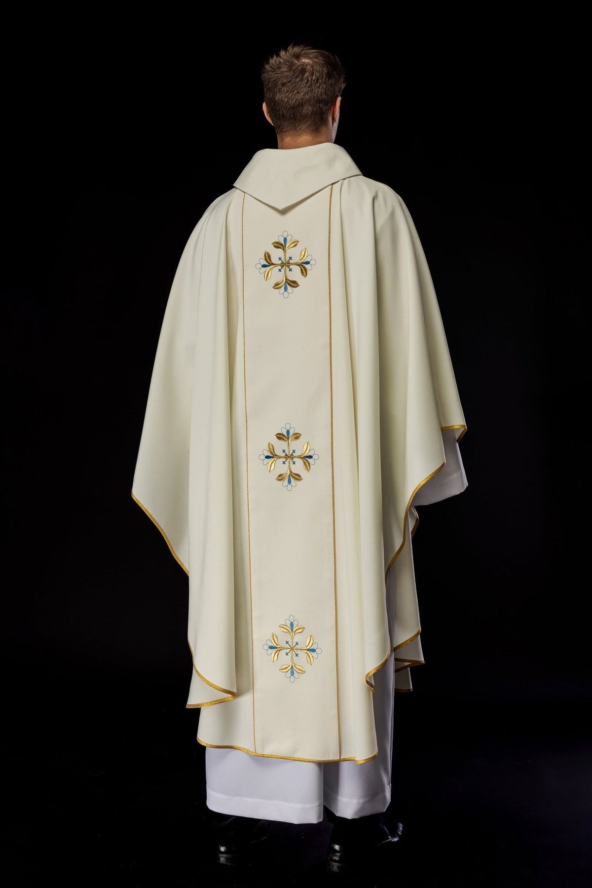 Heart of Mary chasuble full back view with three floral motifs