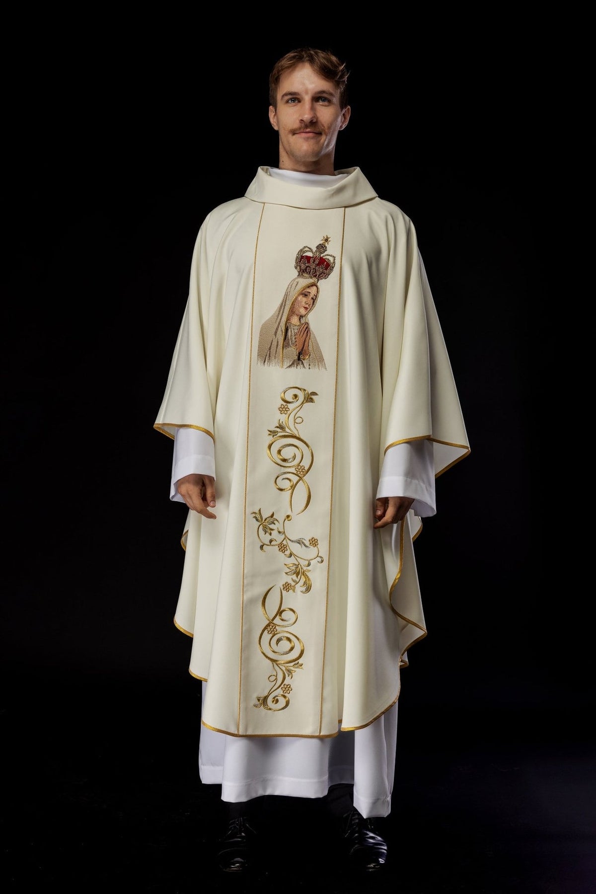 Chasuble front view showing Our Lady of Fatima embroidery and gold floral orphrey