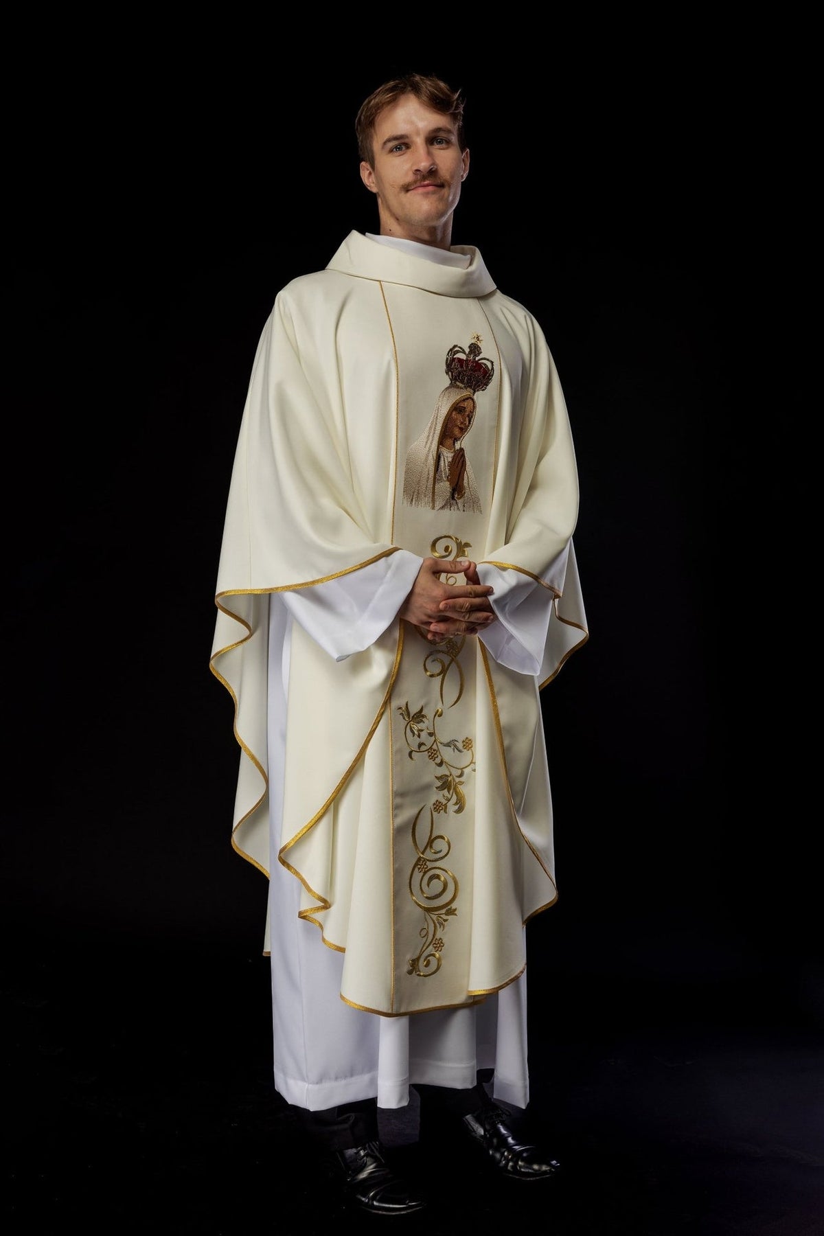 Chasuble angled front view with Our Lady of Fatima embroidery and gold trim