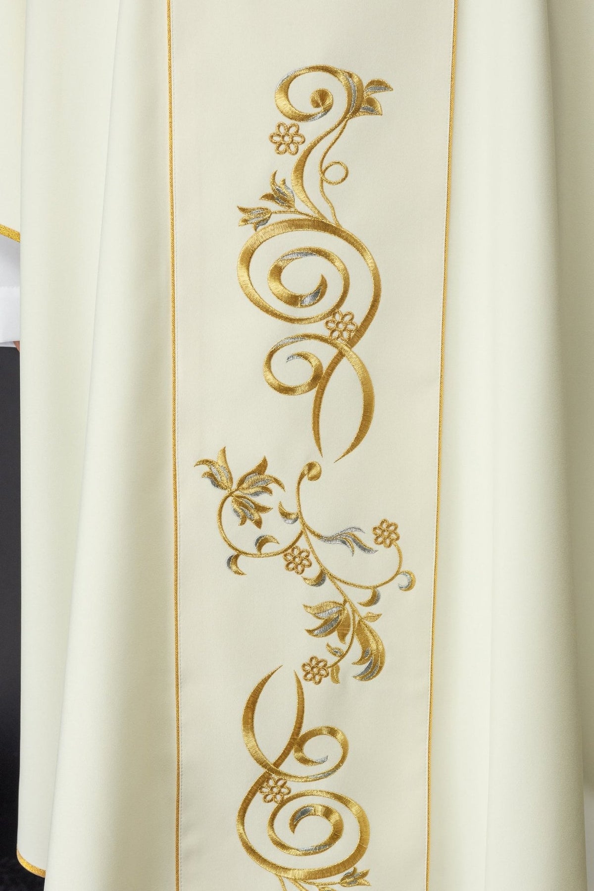 Heart of Mary chasuble, close-up of gold floral orphrey embroidery