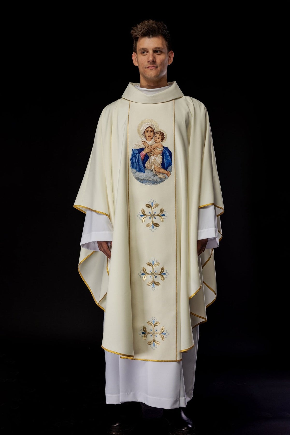 Ivory chasuble front view with embroidered Our Lady and Child image and gold floral motifs