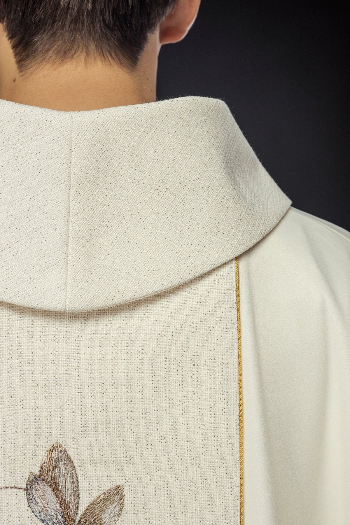 Gold chasuble close-up of stand-up collar and orphrey