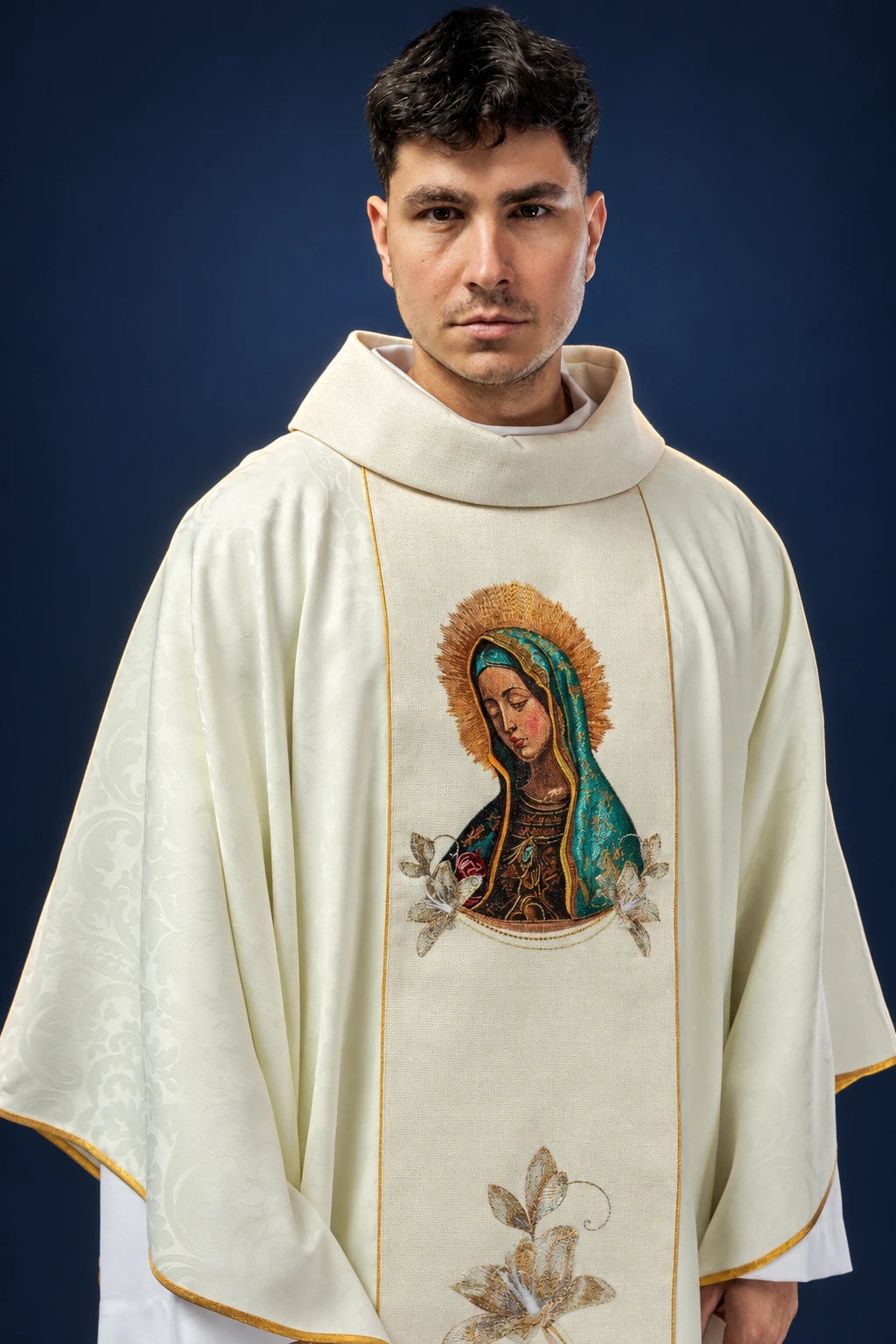 Embroidered Chasuble with an Image of Our Lady of Guadalupe, white front view with gold trim and floral embroidery