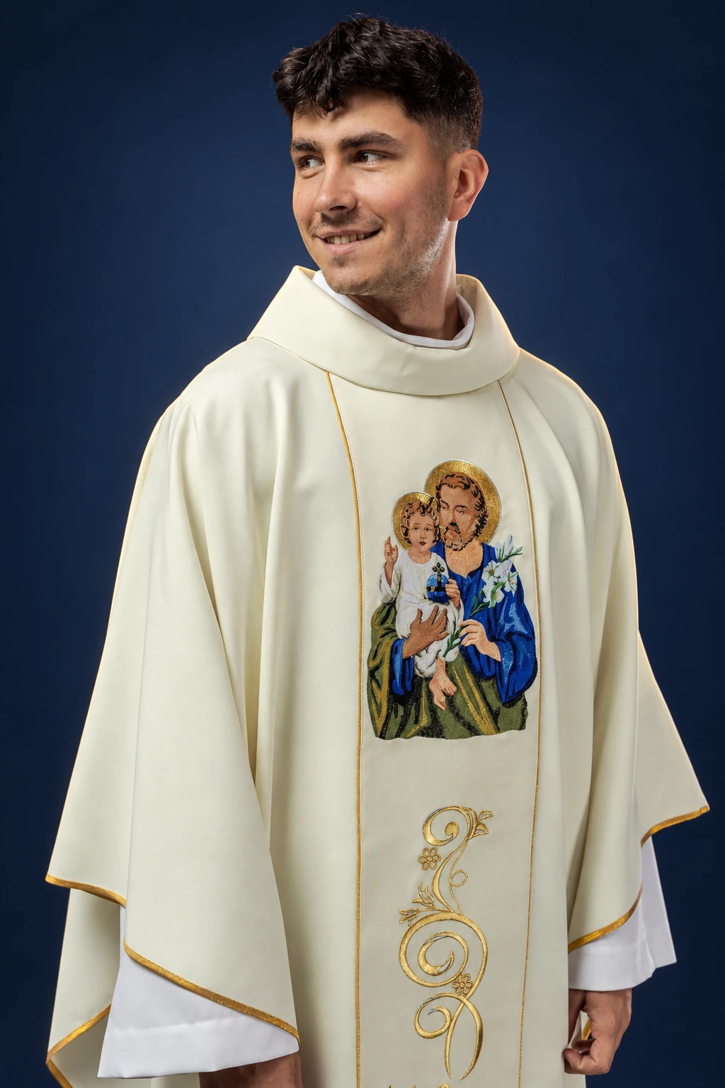 Catholic Chasuble with Embroidered Saint Joseph Image in Gold Fabric, front view with gold trim