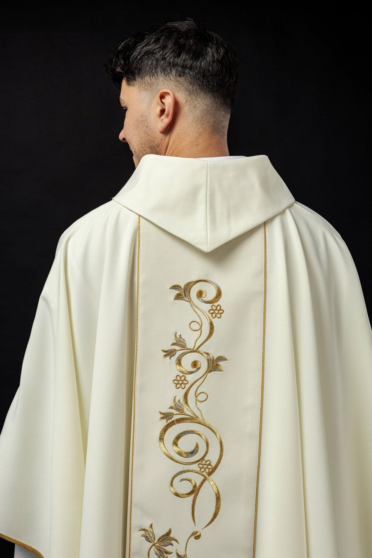 Saint Joseph chasuble, back view with embroidered gold floral orphrey