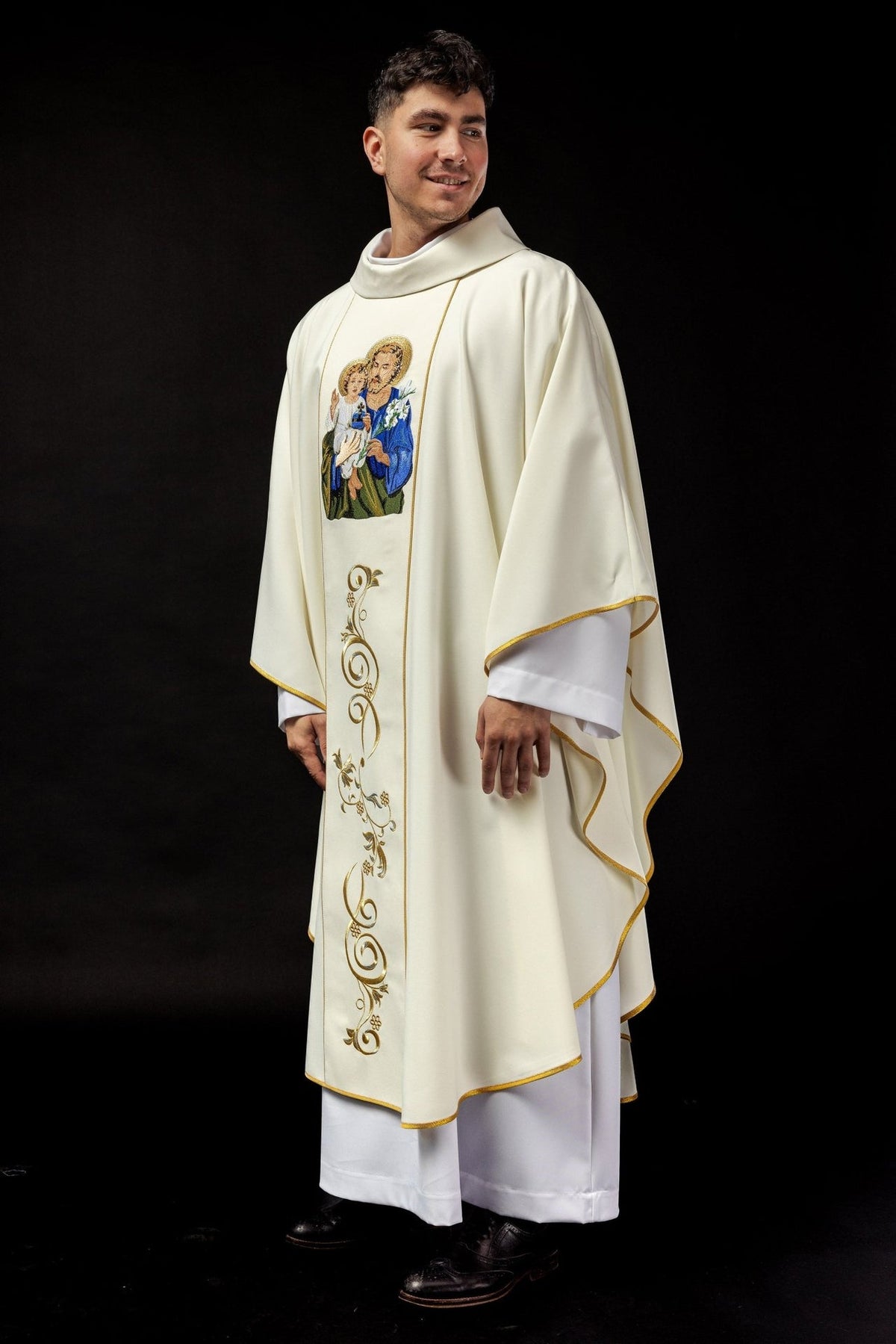 Saint Joseph chasuble, angled view showing gold trim and embroidered front