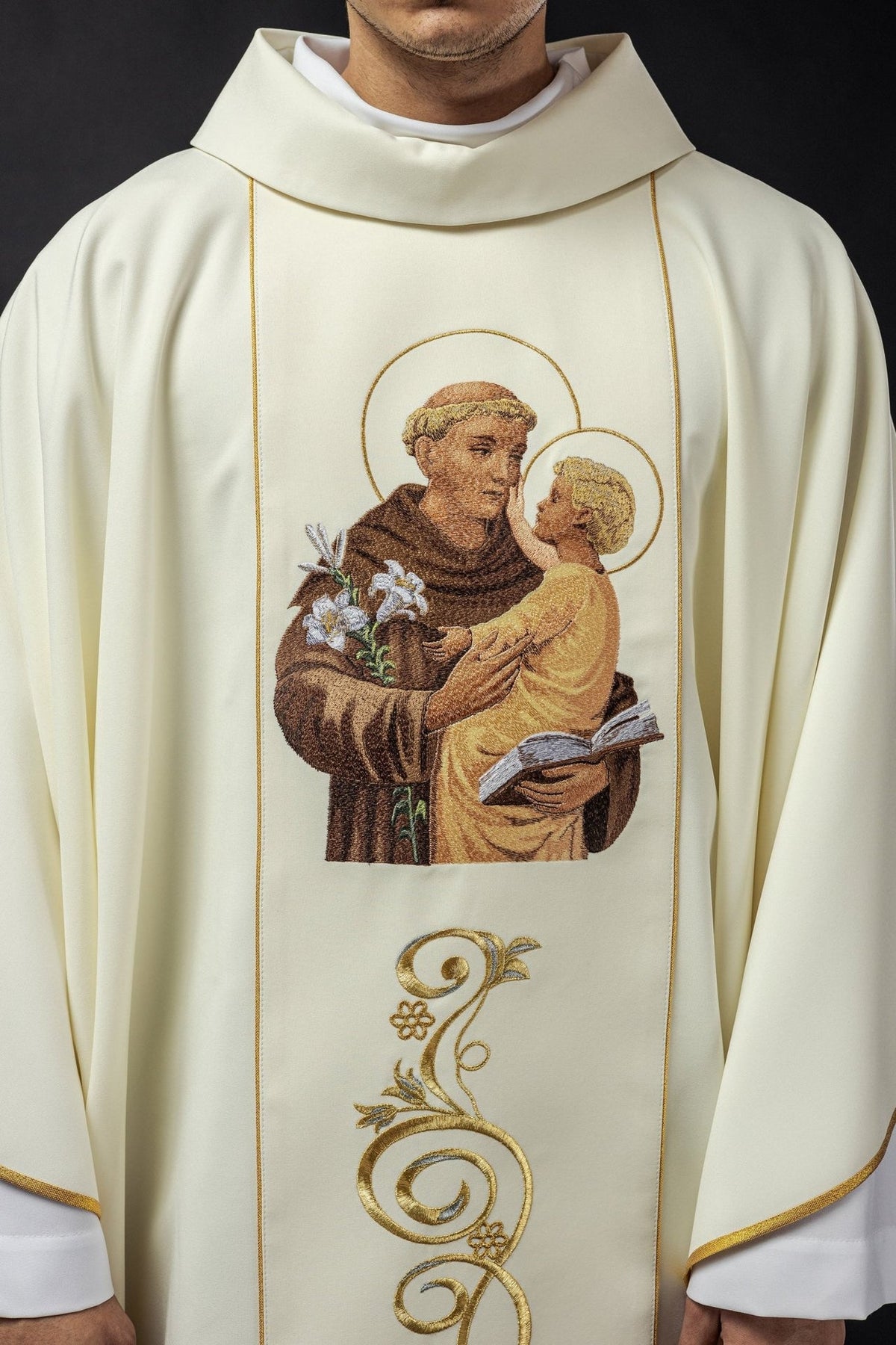 Saint Anthony chasuble, close-up of embroidered image and stand-up collar