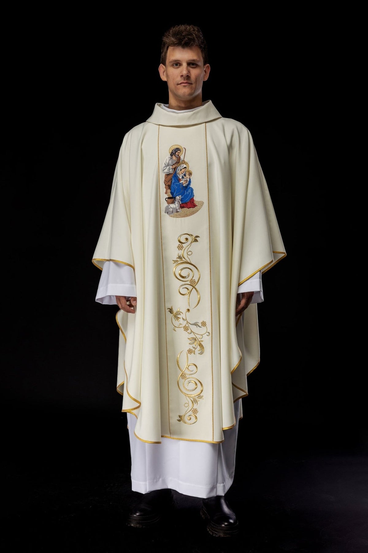 Christmas chasuble, full front view with Holy Family embroidery and gold orphrey
