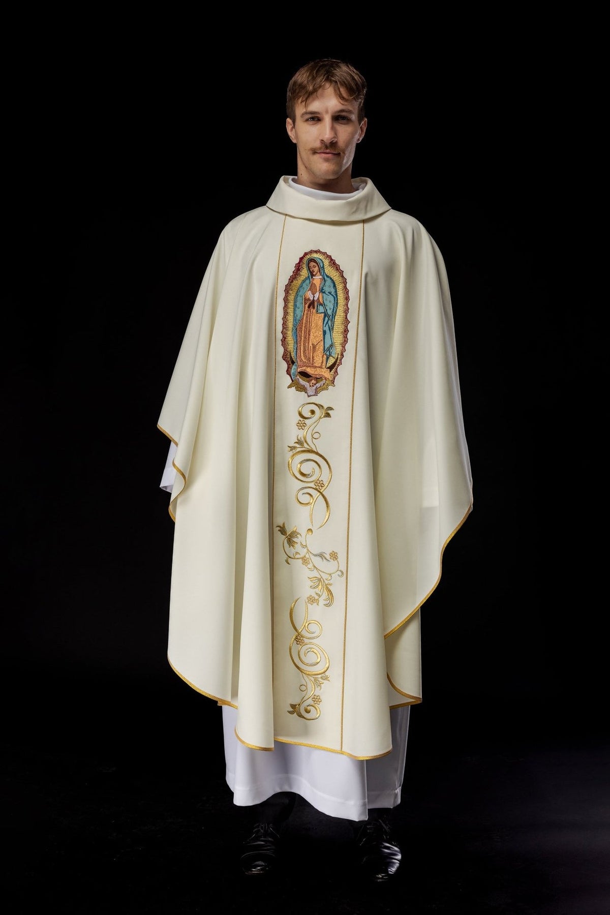 Ivory chasuble worn front view with Our Lady embroidery and gold orphrey