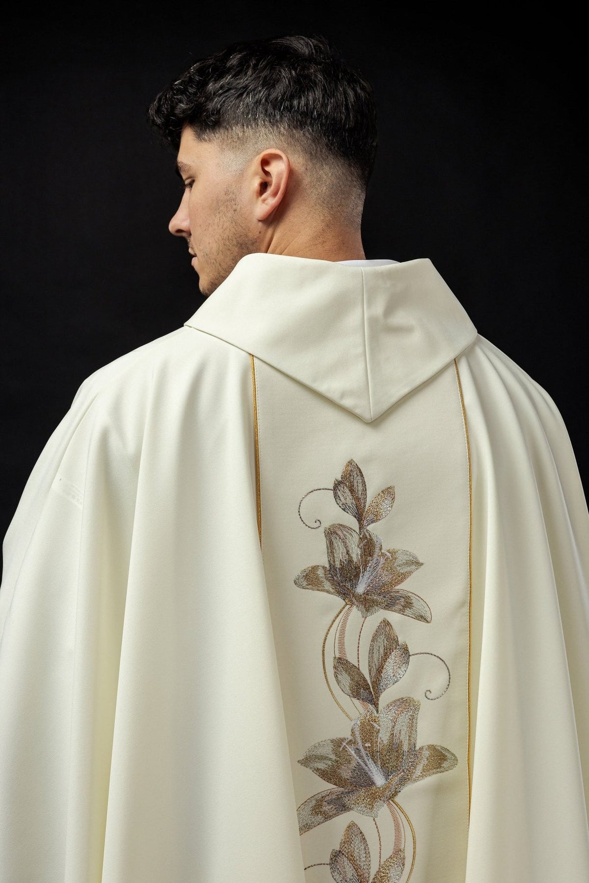 Ecru Saint Anthony chasuble back view with embroidered floral orphrey