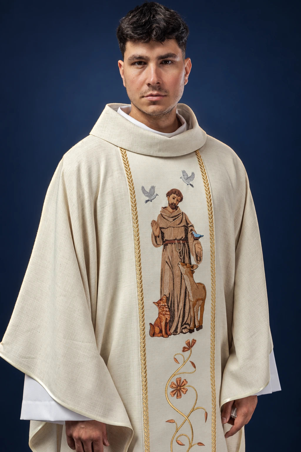 Gold Chasuble with an Embroidered Saint Francis Image, front view with gold trim and floral embroidery