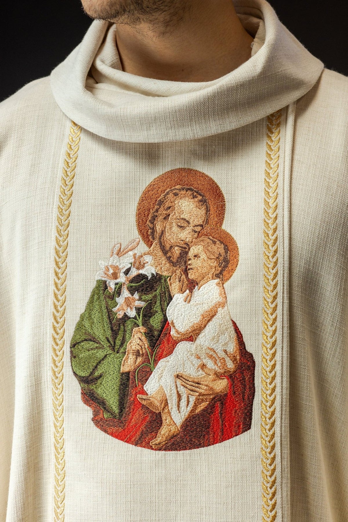 Saint Joseph chasuble, close-up of embroidered Saint Joseph image and gold trim