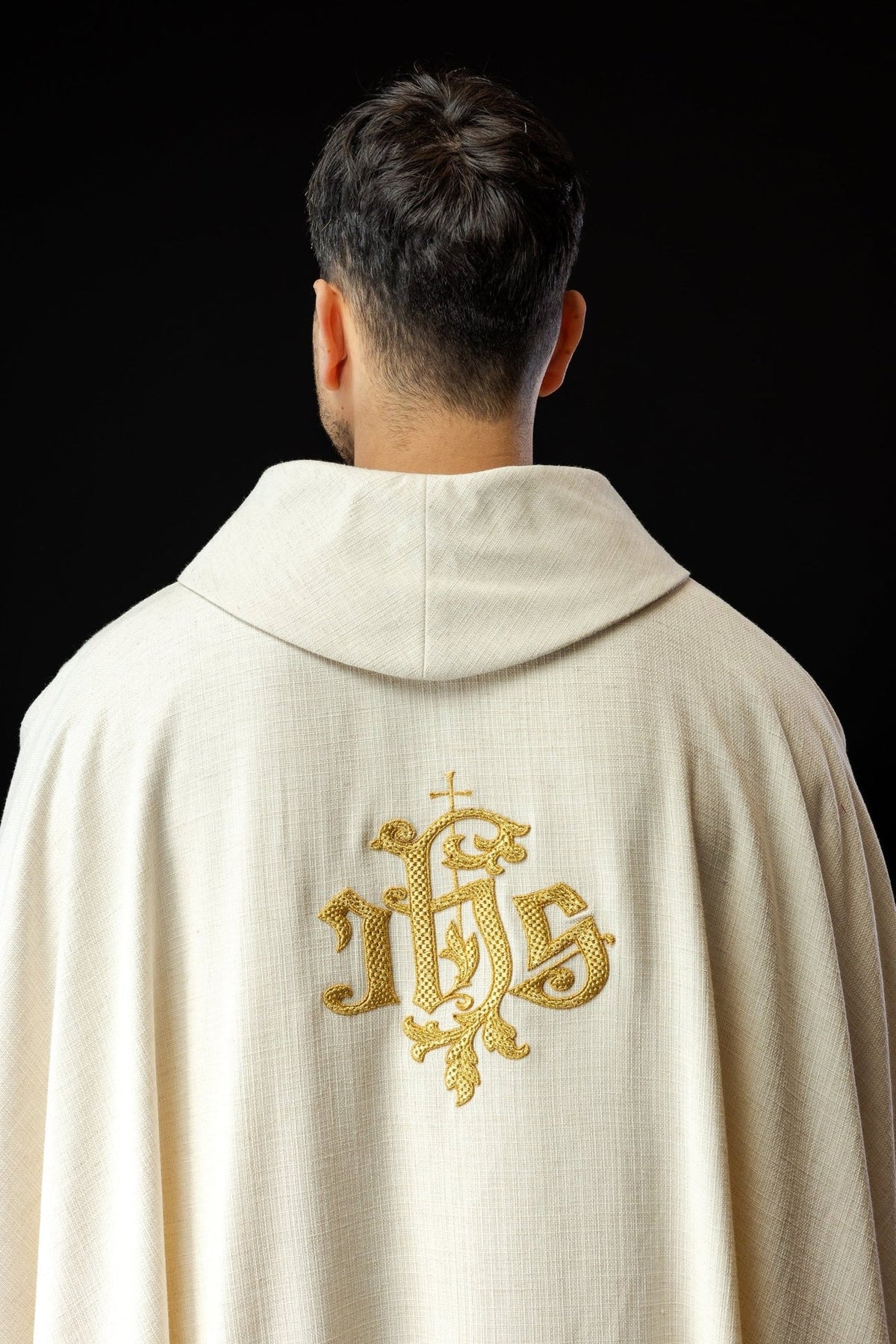 Saint Joseph chasuble, back view with gold embroidered IHS emblem
