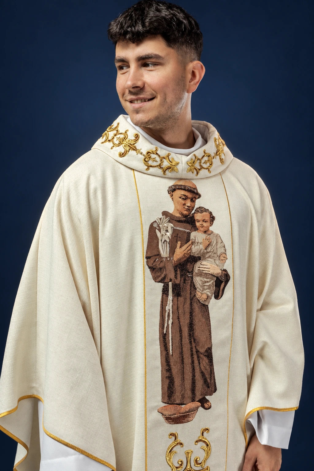 Embroidered Chasuble with an Image of Saint Anthony, front view with gold trim and Saint Anthony image