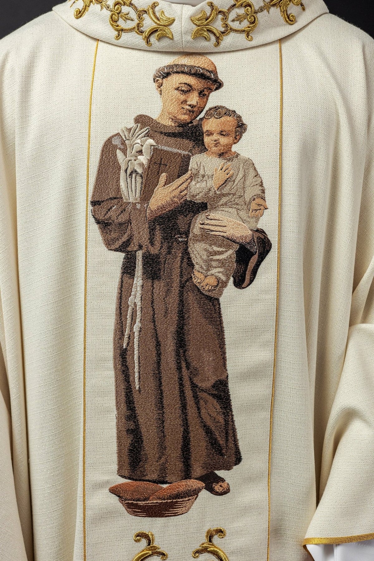 Saint Anthony chasuble close-up showing the embroidered Saint Anthony image