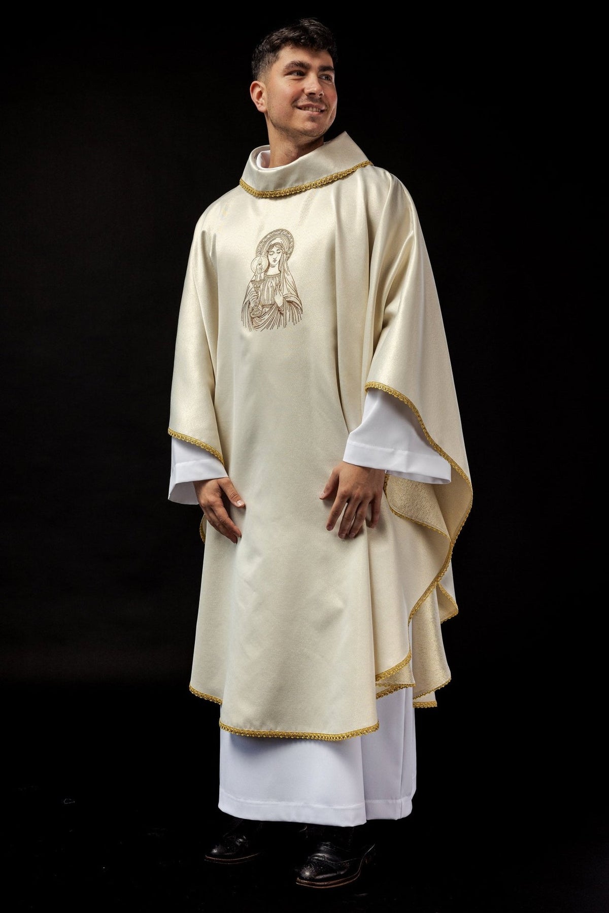 Candlemas chasuble, full front view with ivory satin fabric and gold trim