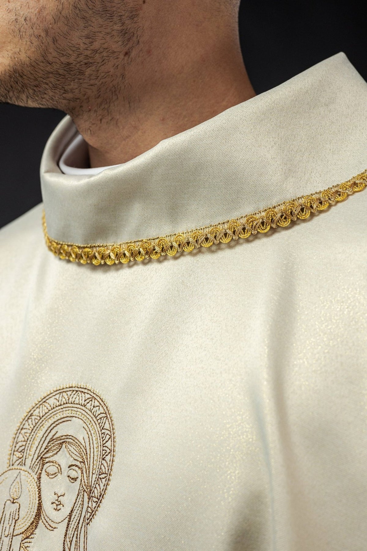 Candlemas chasuble close-up of stand-up collar and gold trim