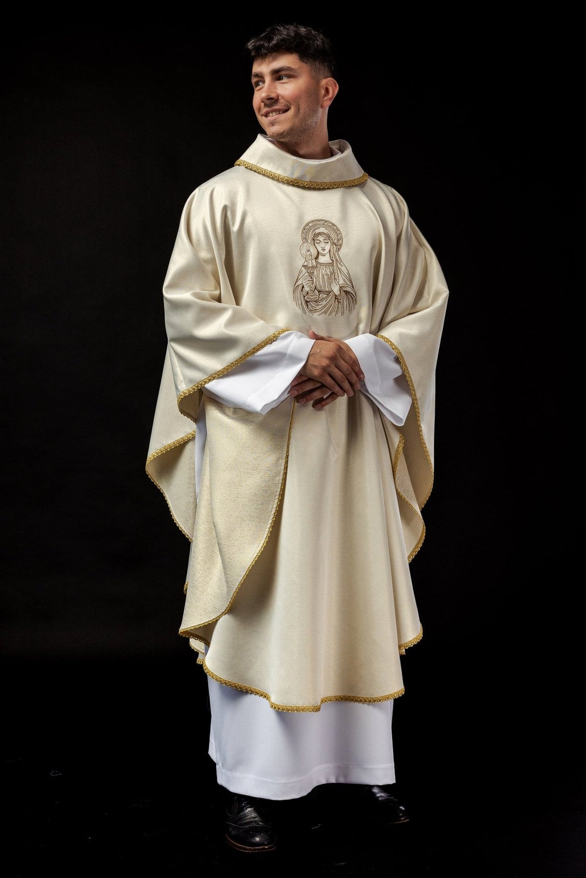 Candlemas chasuble worn front view with embroidered Our Lady and gold trim