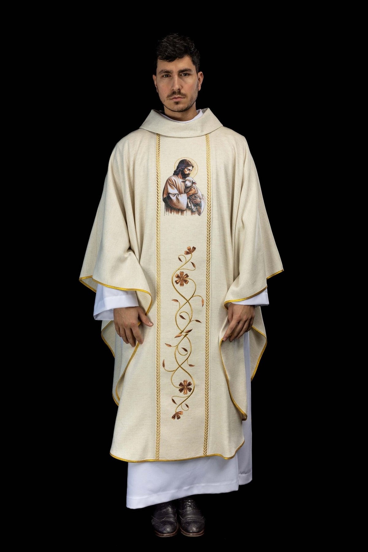 Ecru chasuble, full front view with Good Shepherd image and floral orphrey