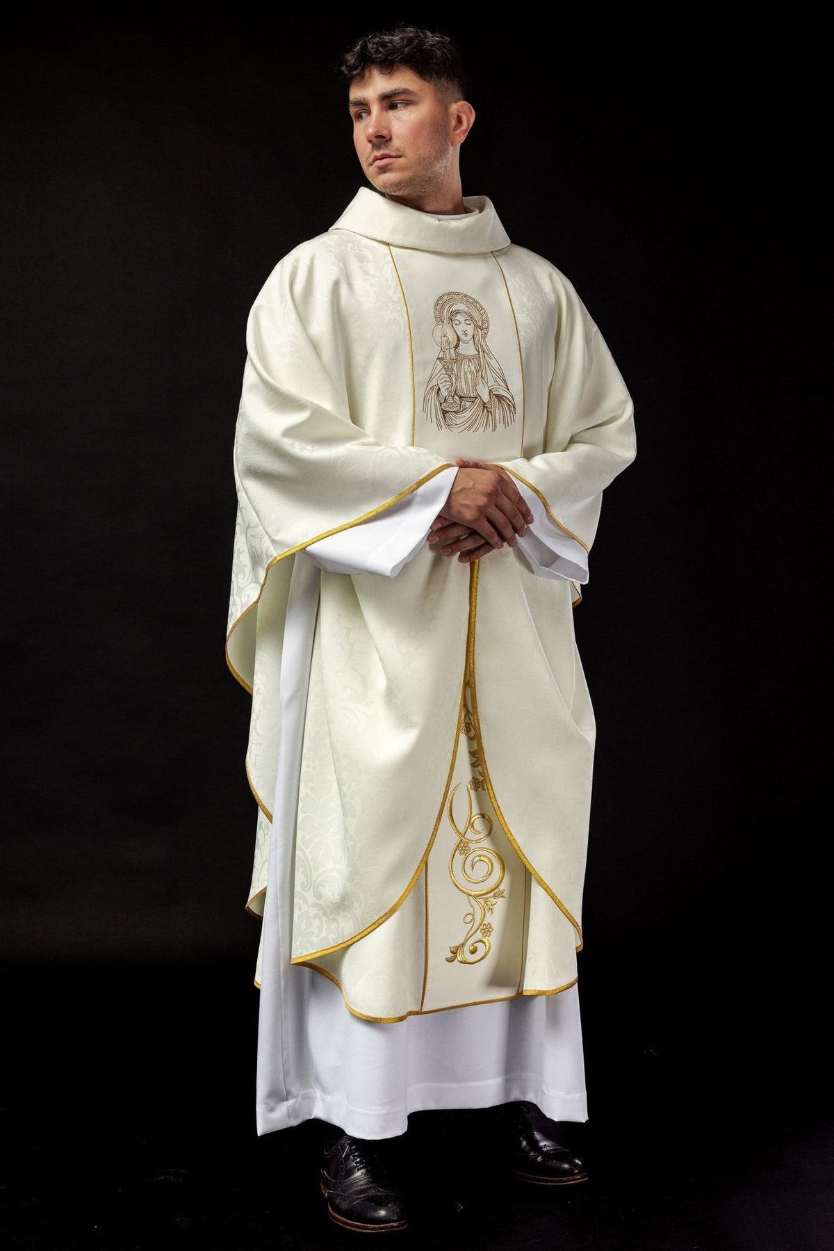 Our Lady chasuble, full front view showing embroidered image and gold trim