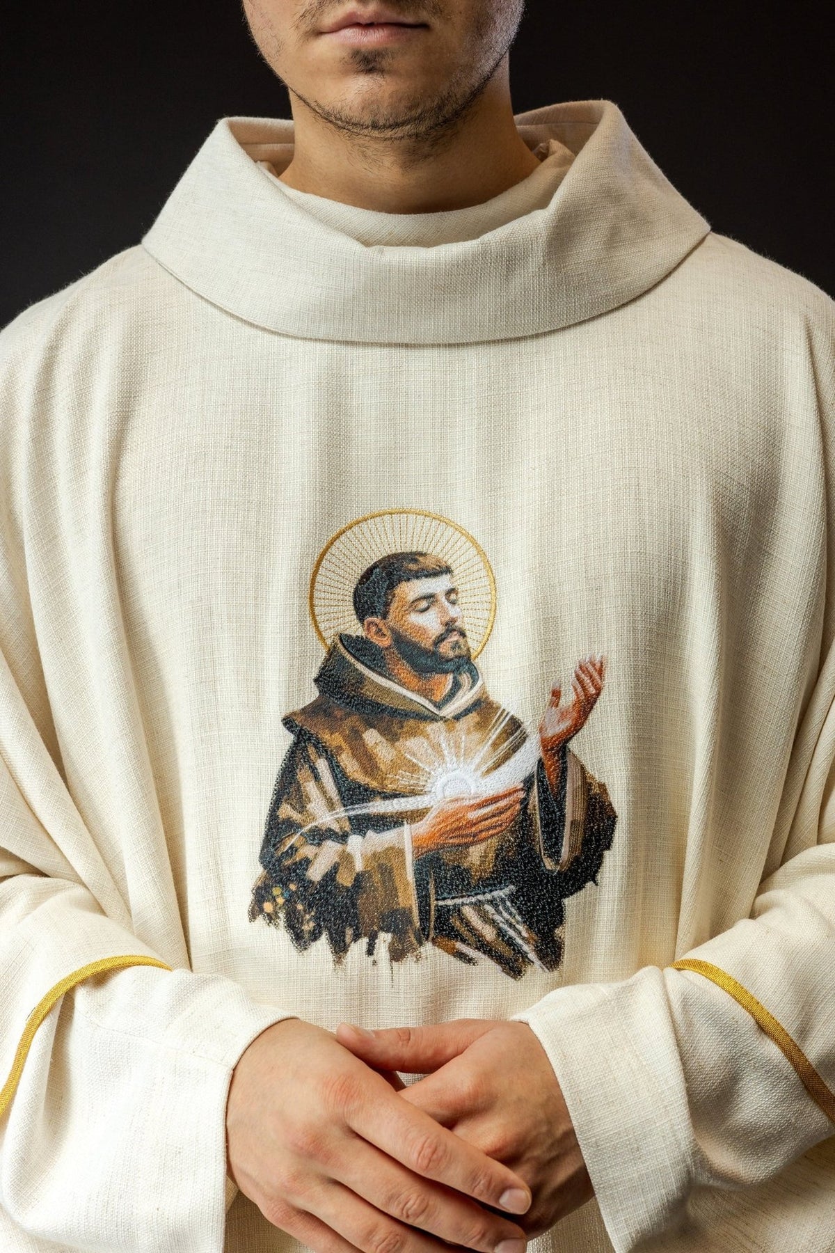 Saint Francis chasuble close-up with stand-up collar and embroidered image