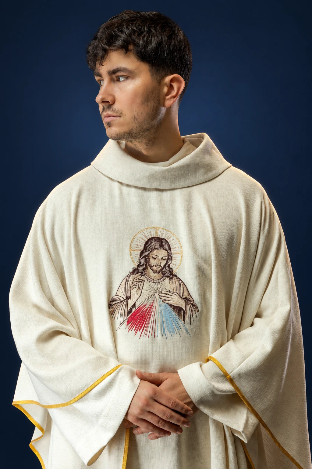 Ecru Chasuble with an Embroidered Image of Divine Mercy, front view with gold trim