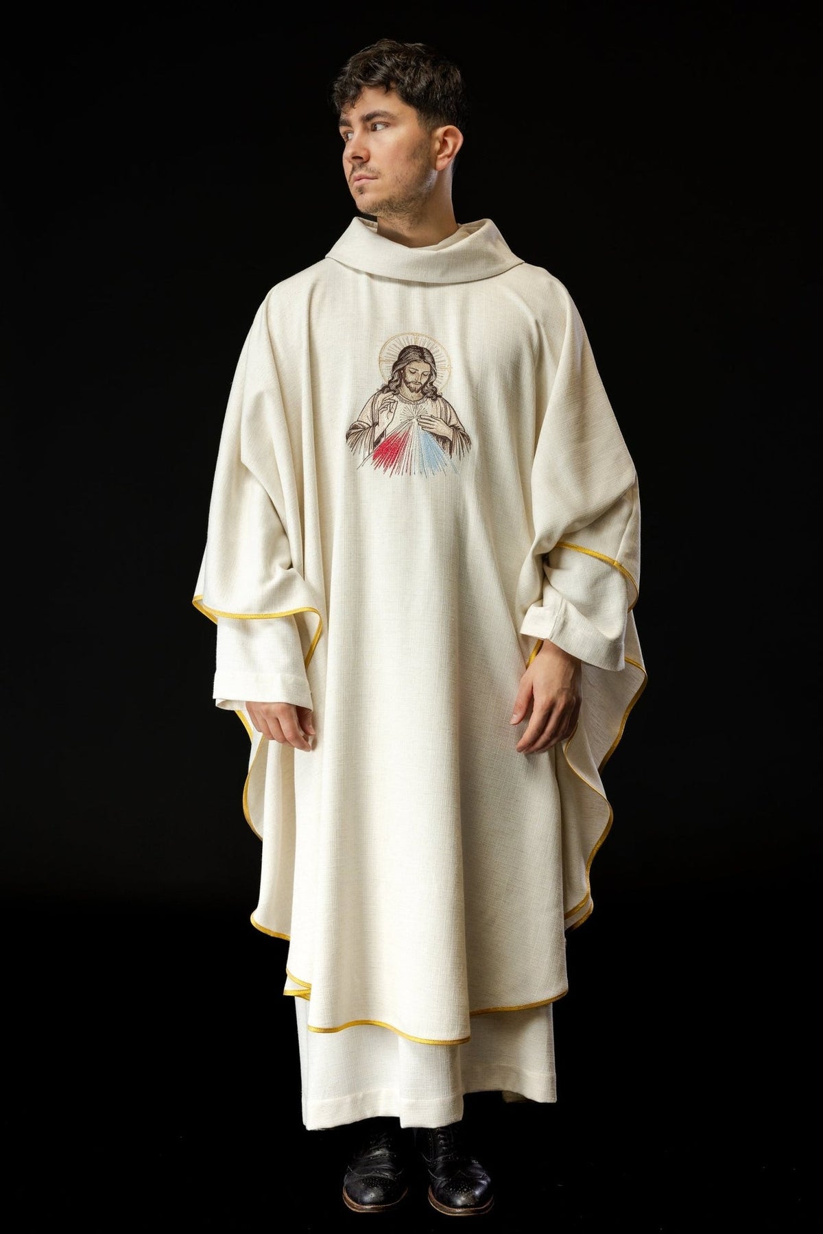 Ecru chasuble front view with Divine Mercy embroidery and gold trim
